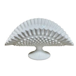 Fenton Banana Boat Hobnail Ruffled Milk Glass White Vintage Pedestal Bowl